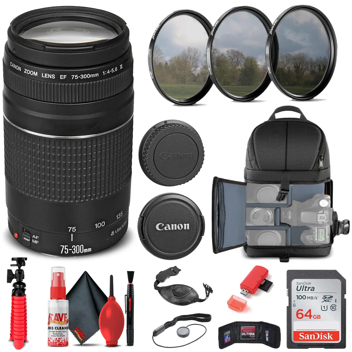 Canon Canon EF 75-300mm f/4-5.6 III camera lens bundle with filter kit backpack memory card tripod — product photo