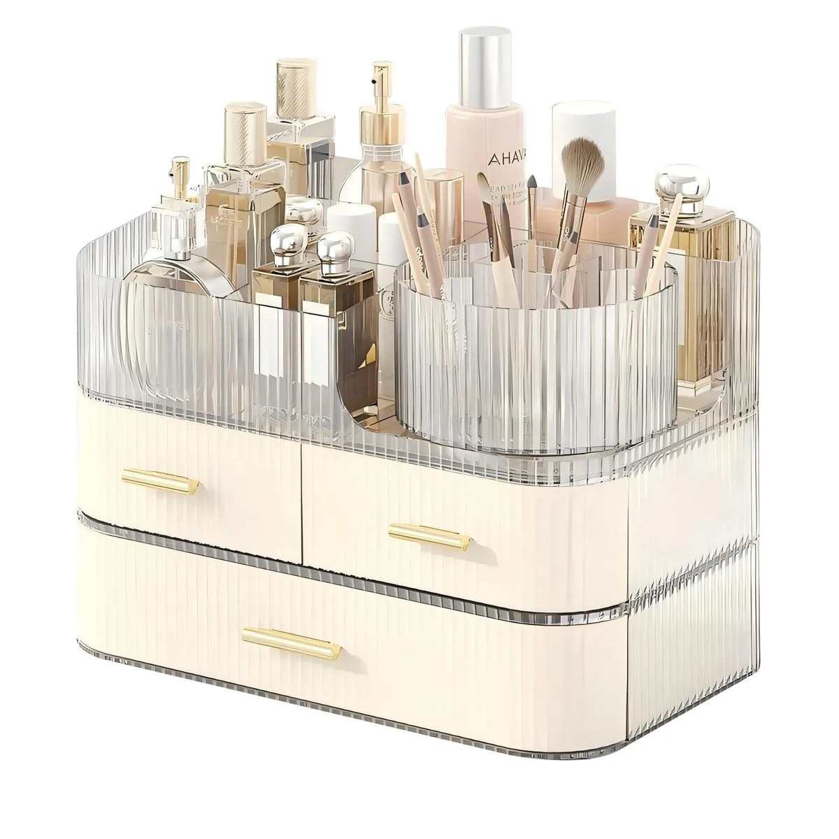 Cream rotating makeup organiser with drawers and top tray