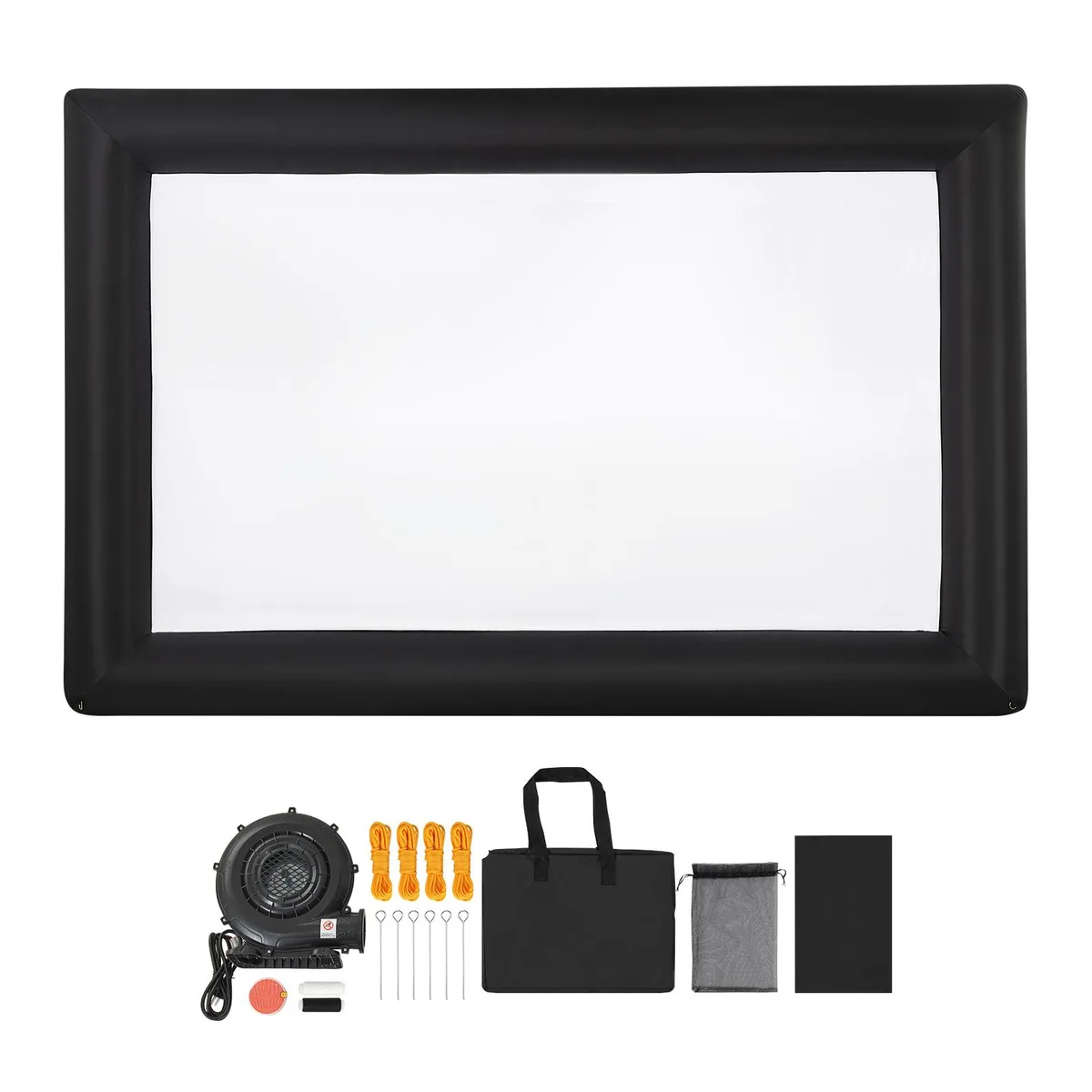 White rectangular inflatable screen on black frame with blower unit attached