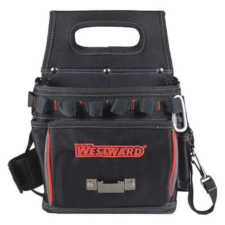 Black polyester tool bag, wide mouth, 17 pockets, reinforced bottom, shoulder strap, carabiner, 19 inches high