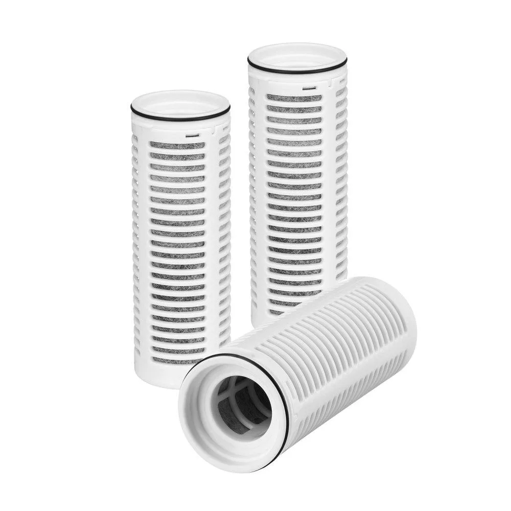 Three white cylindrical filter cartridges in a row