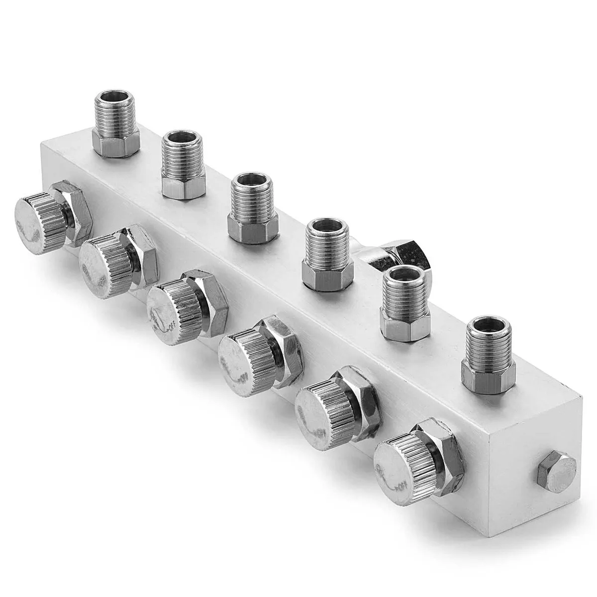 Silver six-way airbrush manifold with control valves and 1/4 BSP inlet 1/8 BSP outlets