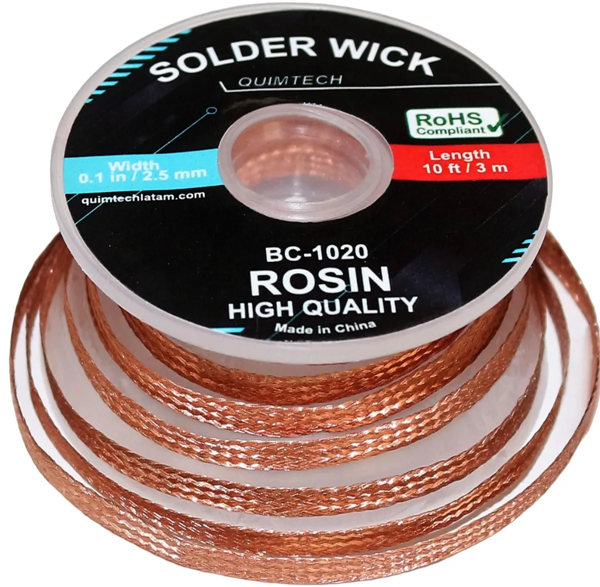 Coiled copper desoldering braid on a spool, 10 ft by 2.5 mm wide