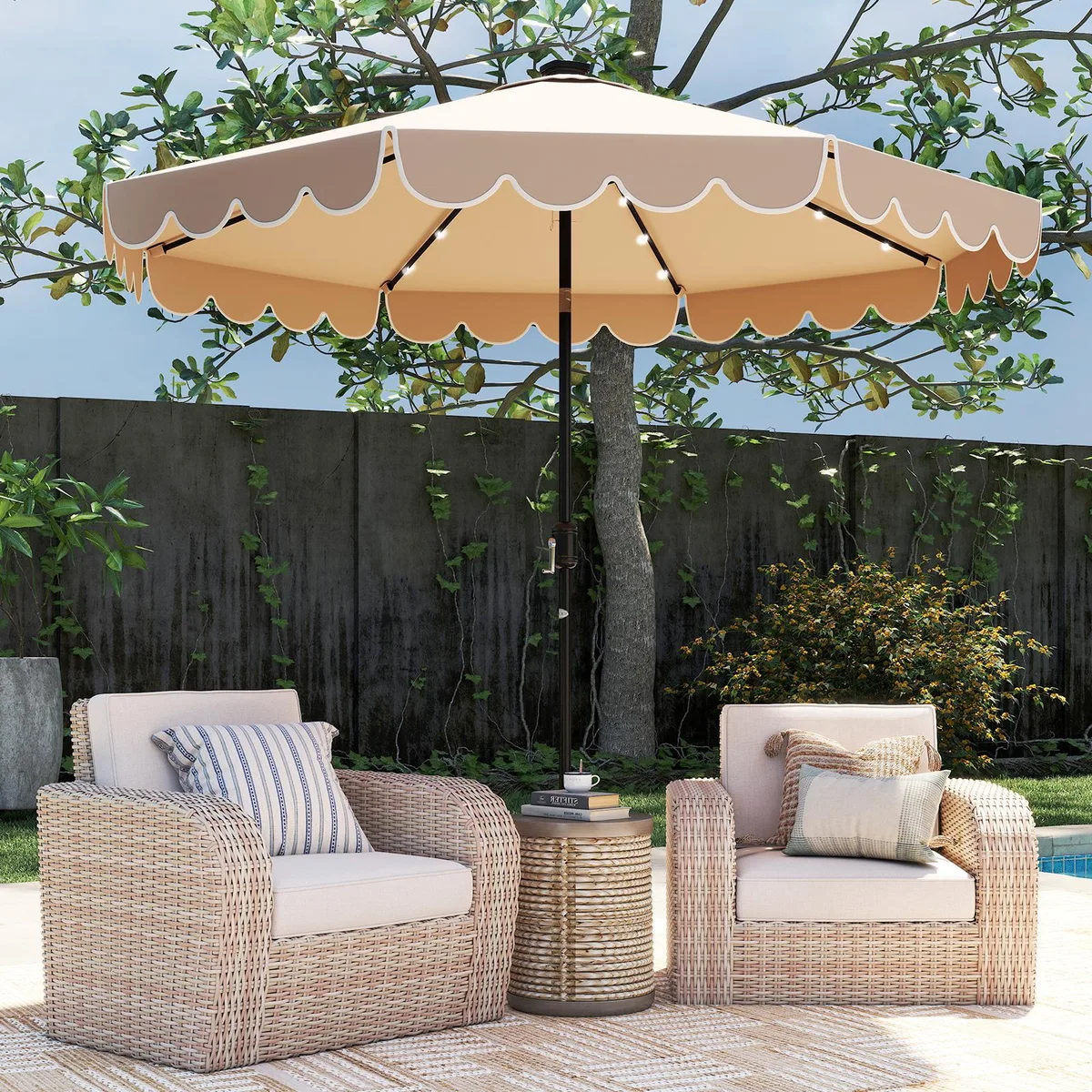 Coffee-coloured 10 ft patio umbrella with 24 LED lights on metal ribs, crank handle and solar panel on top