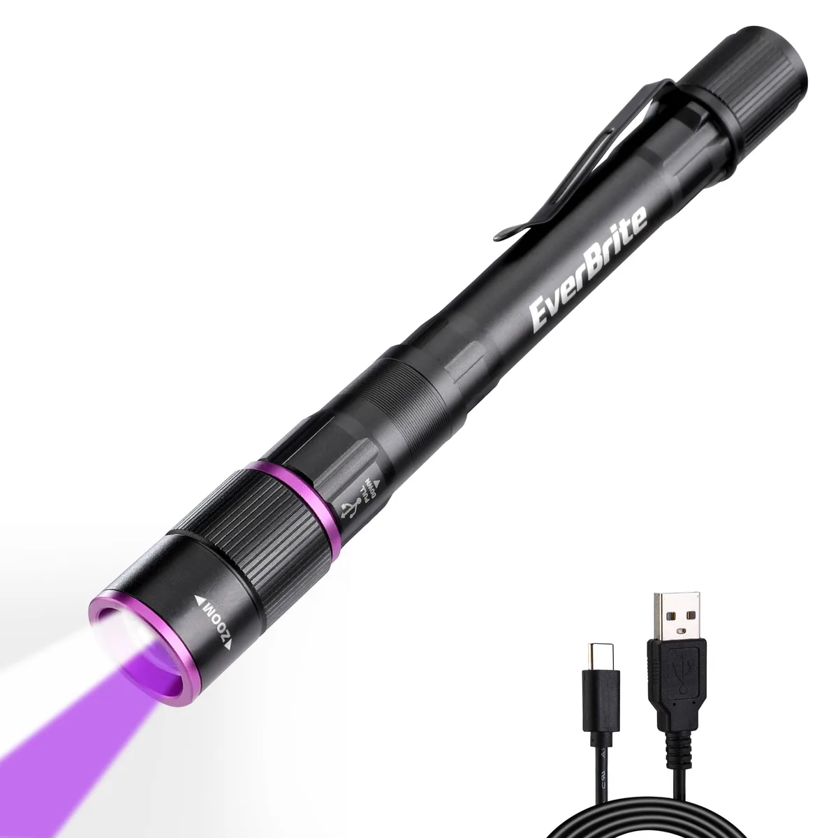 Black aluminium pen flashlight with pocket clip, zoomable white and 395nm UV light