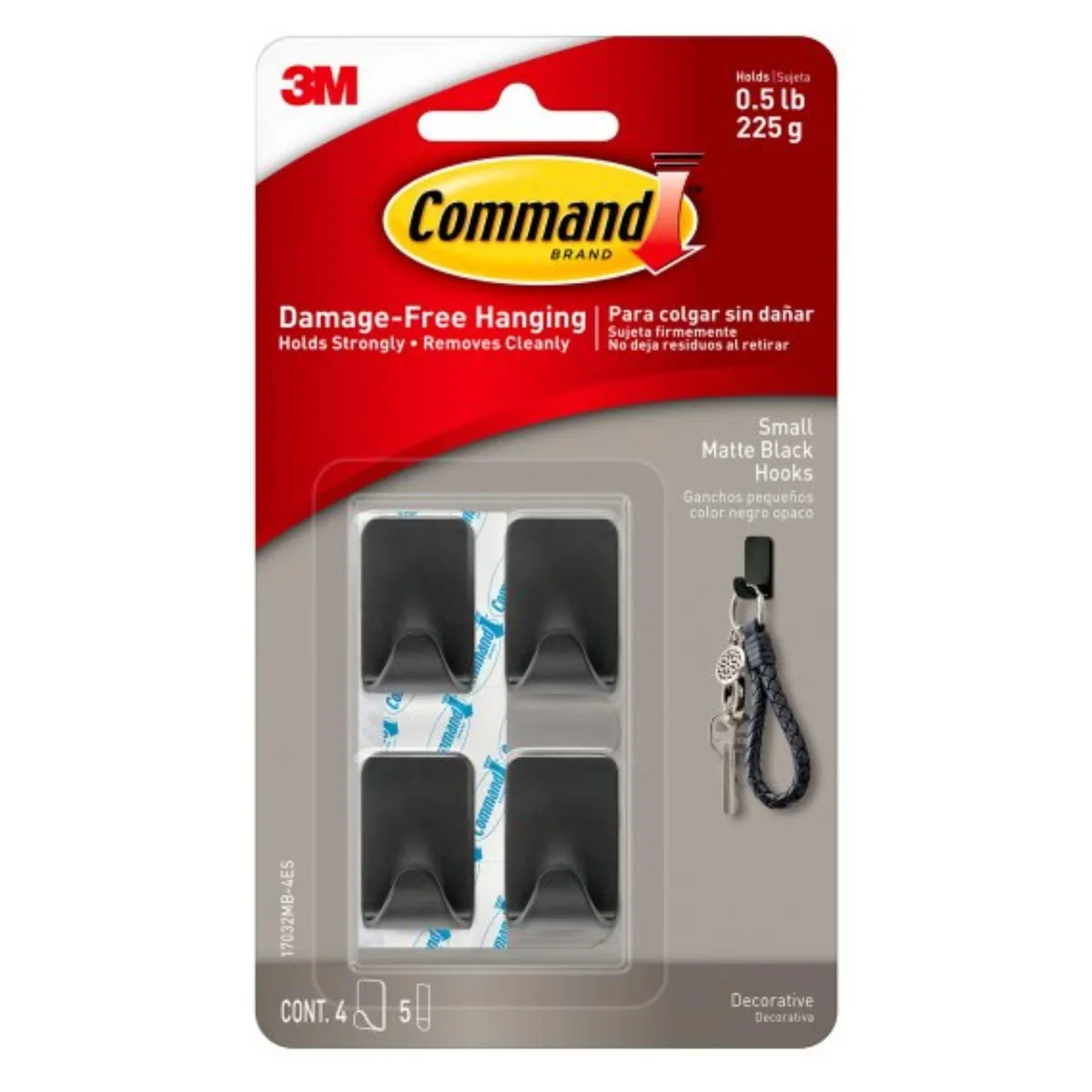Four small matte black metallic hooks in packaging