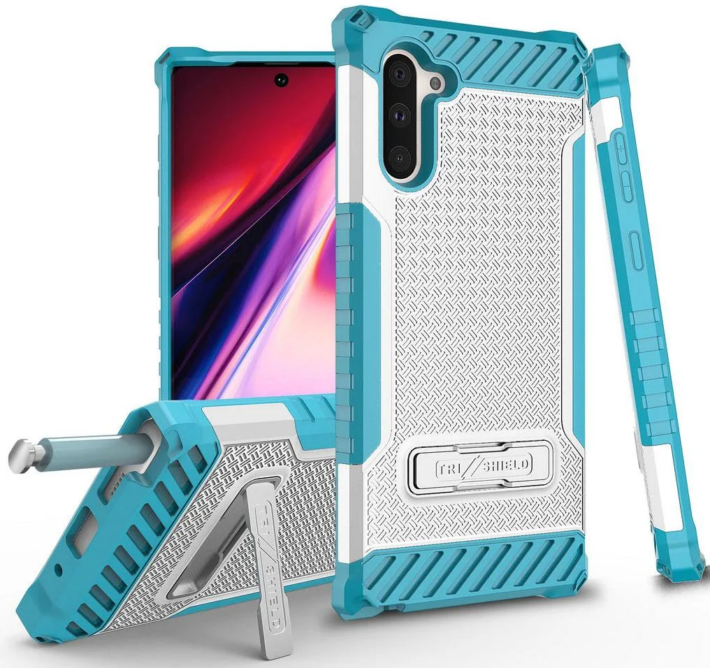 Nakedcellphone Nakedcellphone Tri-Shield Kickstand Case + Lanyard Strap White Turquoise Samsung Galaxy Note 10 — product photo