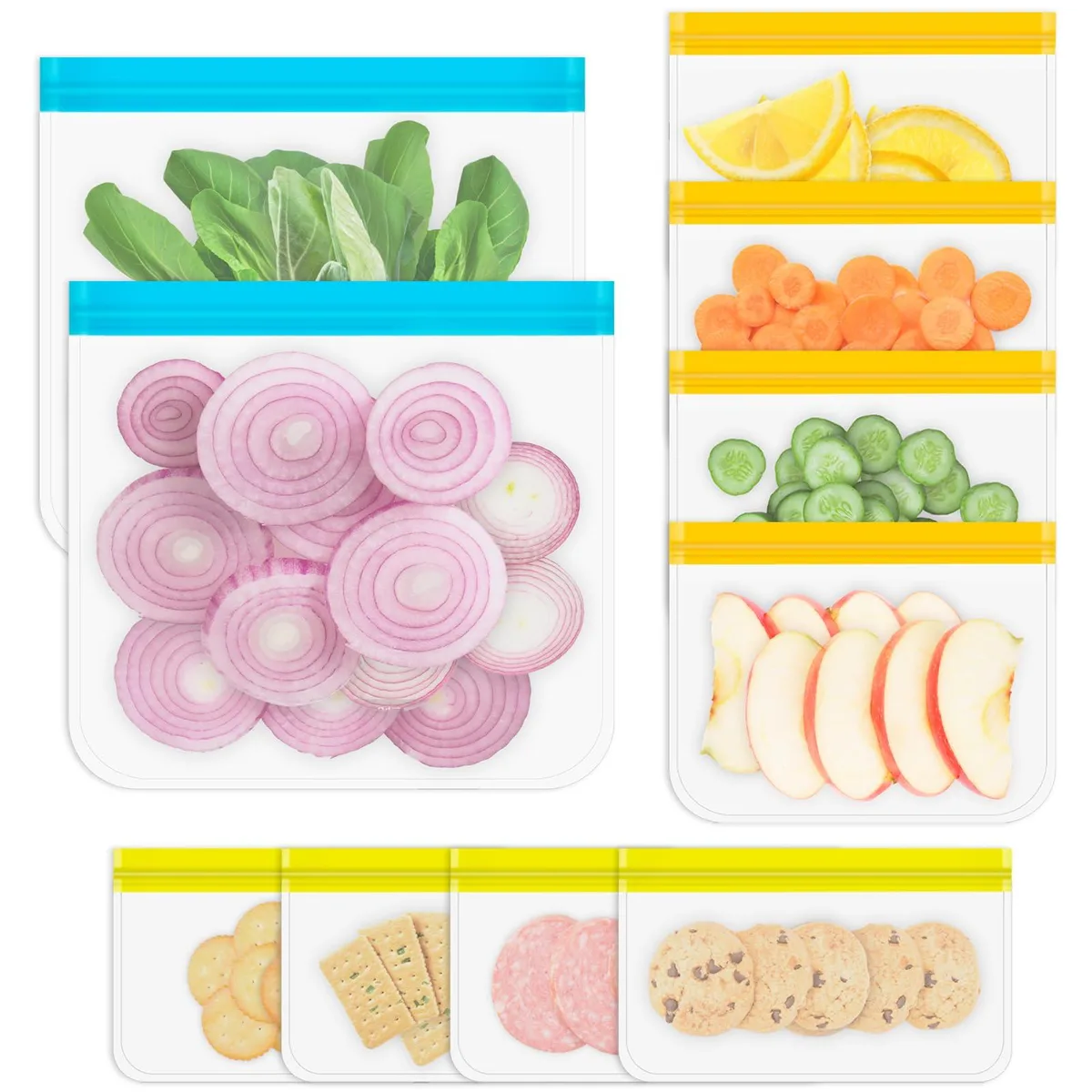 Ten multicolour reusable silicone freezer bags with zipper seals