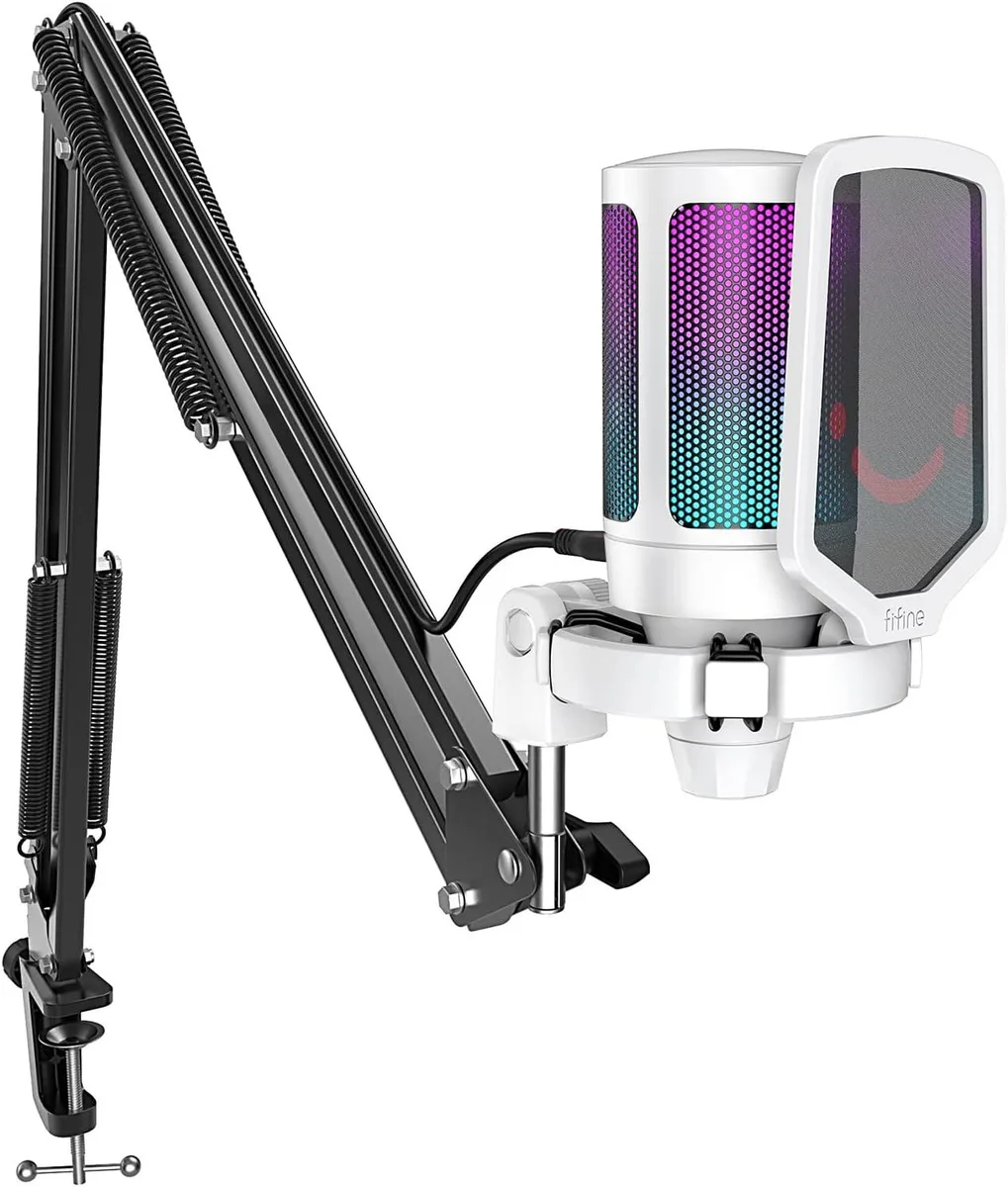 FIFINE FIFINE AmpliGame White USB Microphone with Boom Arm, Pop Filter, Mute Button, RGB 2.5 m cable — product photo
