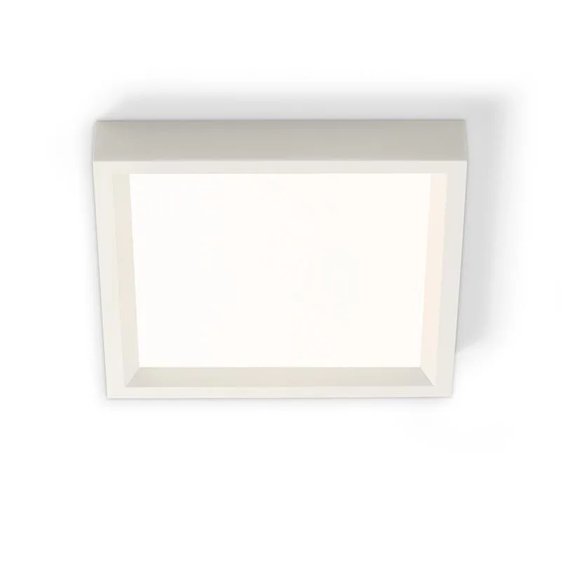 Square slim LED downlight with flat lens and narrow flange in aluminum finish