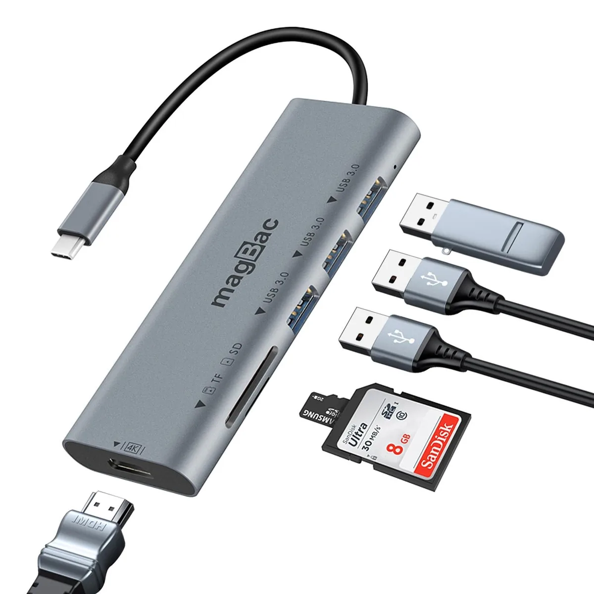 Compact silver USB-C docking station with HDMI, three USB-A ports and SD/TF card slots