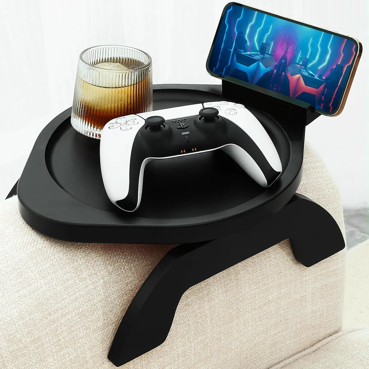 Bamboo couch armrest tray with 360 degree phone holder, foldable design