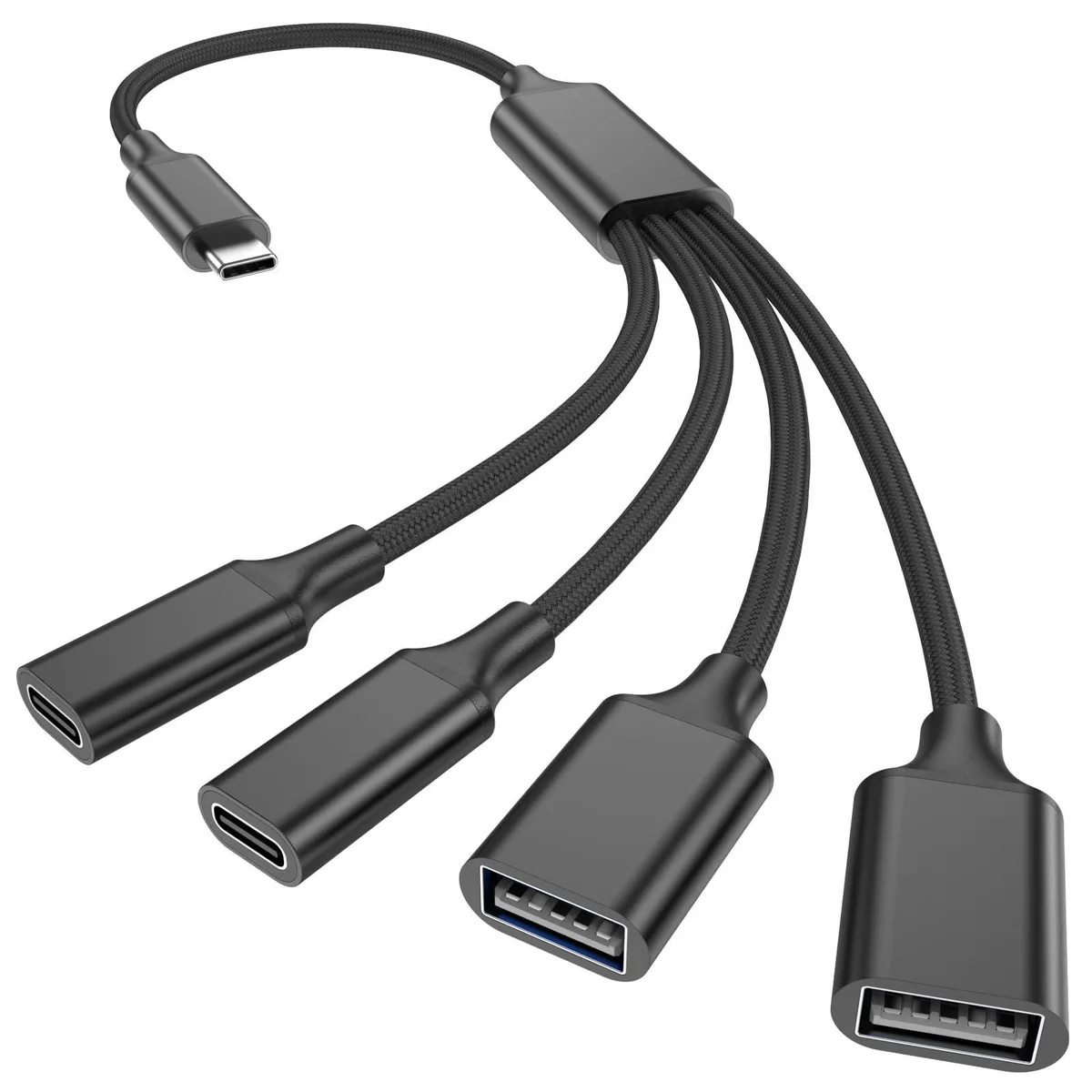 Black USB-C splitter with short braided cable, one male plug to two USB-A and two USB-C ports