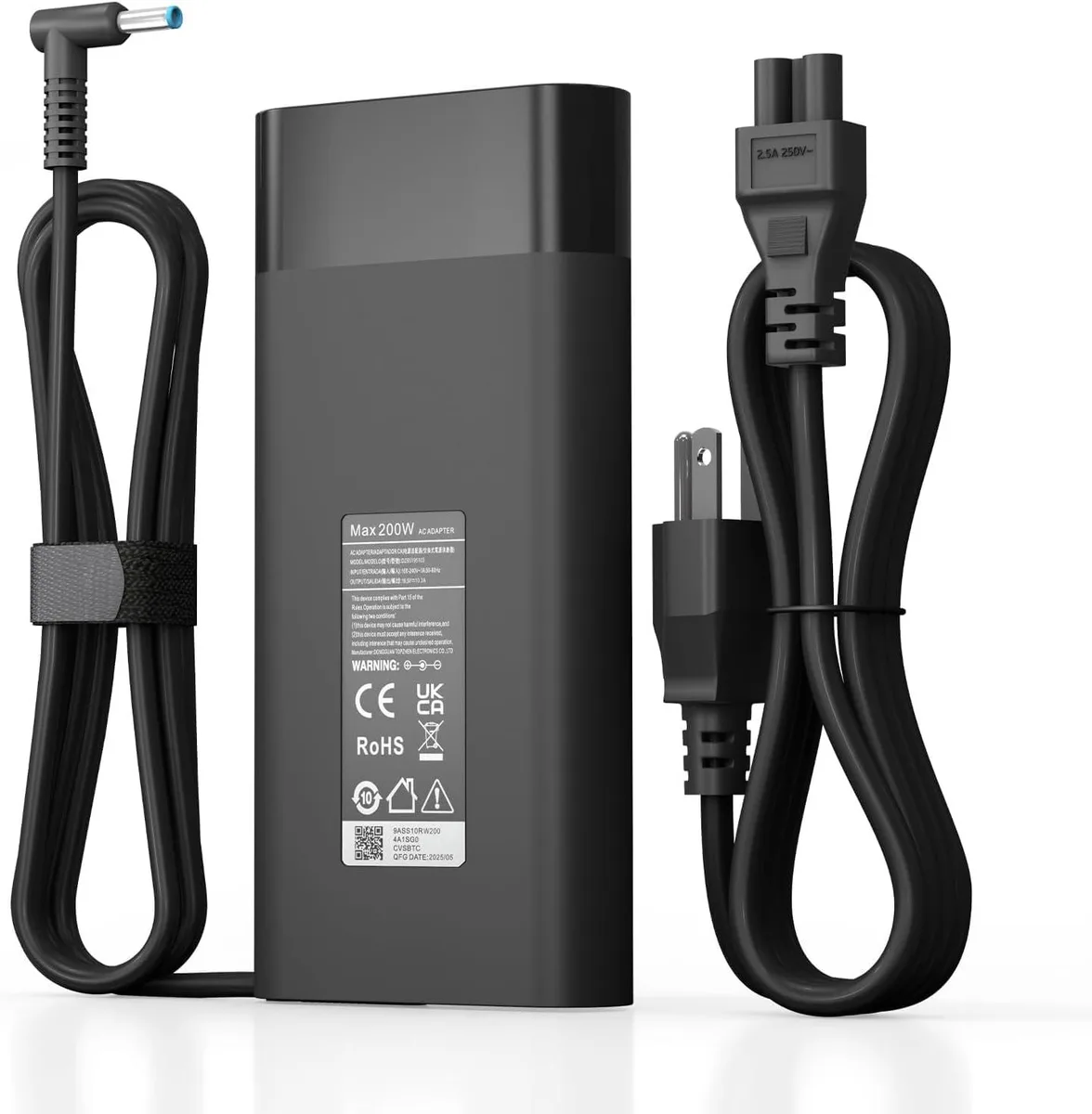 Rectangular black power brick with blue-tip barrel connector and detachable mains cord