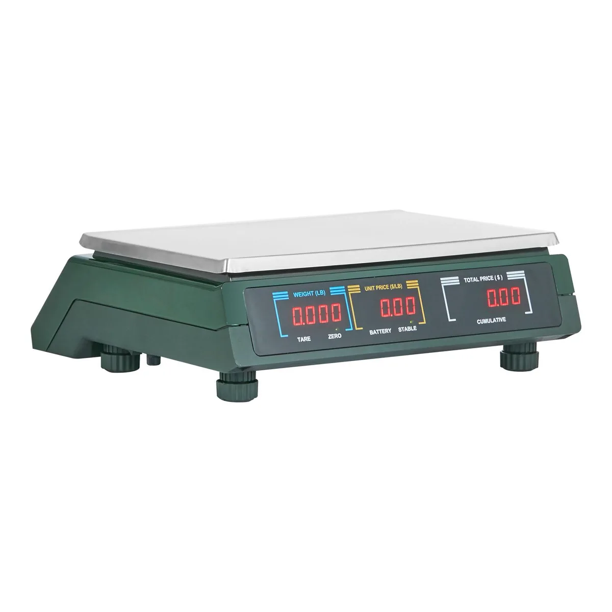 Rectangular digital price computing scale with stainless steel tray, LED display, and adjustable feet