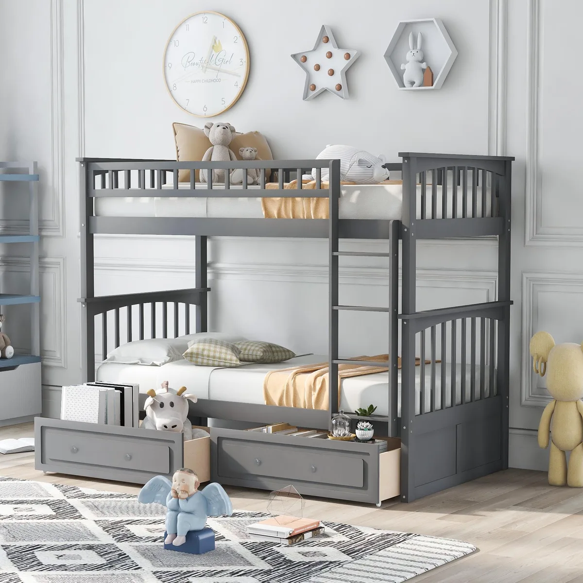 tuphen tuphen Twin over Twin Bunk Bed with Drawers Gray — product photo