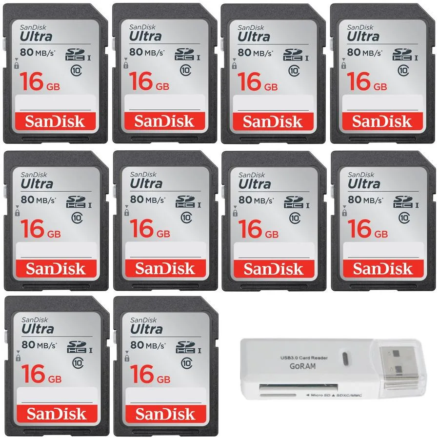 SanDisk SanDisk 16 GB SDHC Class 10 10-pack with USB reader — product photo