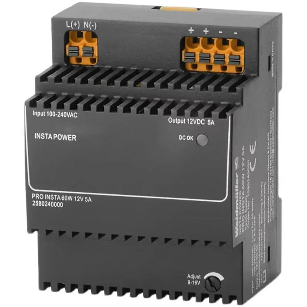 Rectangular metal power supply unit with ventilation slots and terminal connections