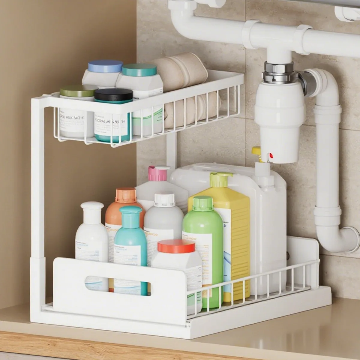 White two-tier sliding under-sink organizer with L-shaped frame