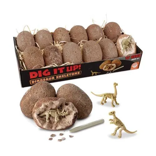 Boxed set of twelve clay dinosaur eggs with excavation tools