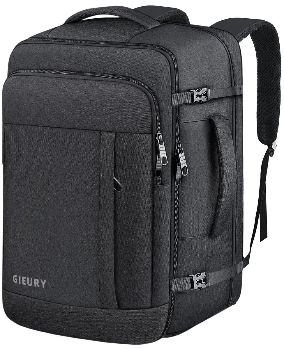 Black expandable travel backpack with 17 inch laptop compartment