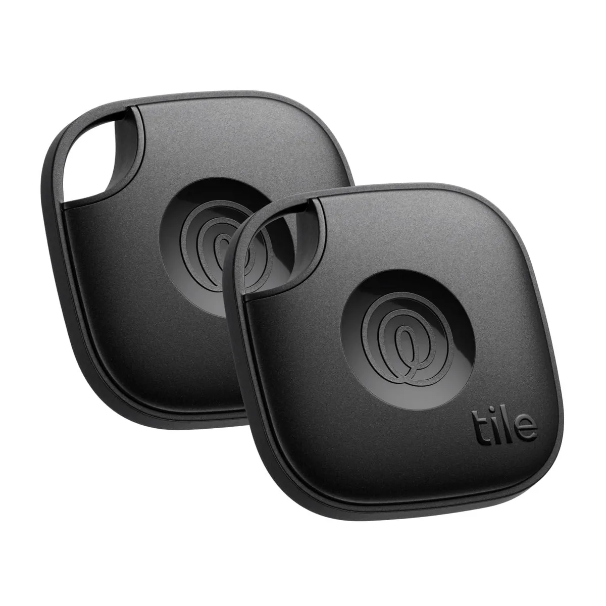 Two small square black plastic trackers with rounded corners, shown side by side