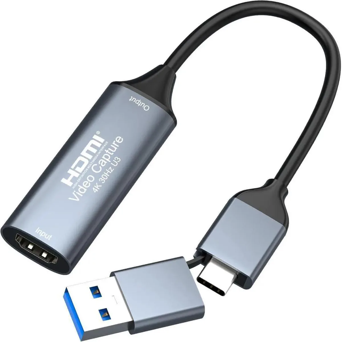 Small rectangular USB 3.0 Type-C HDMI video capture adapter with matte black finish
