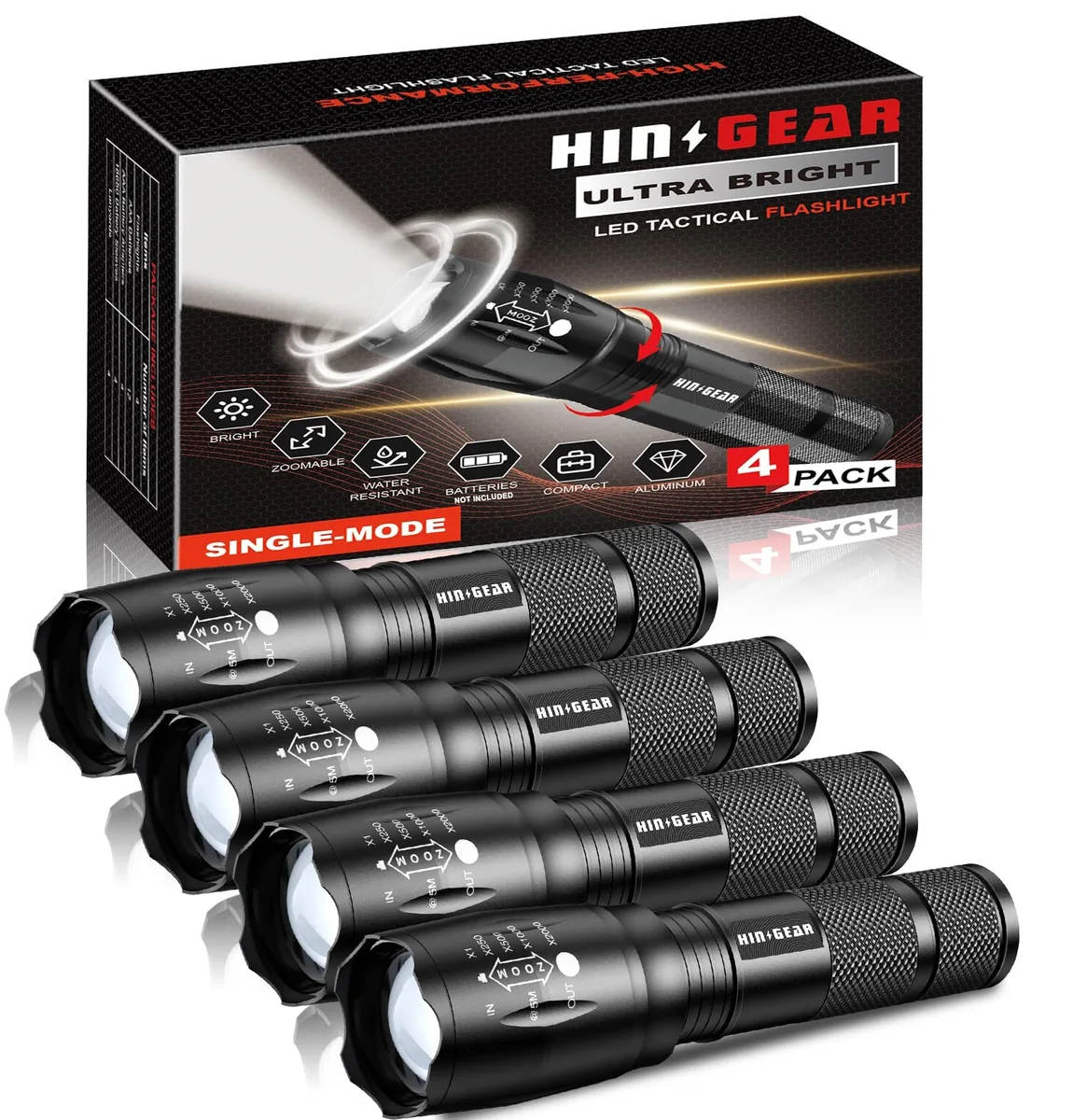 Four silver aluminium zoomable flashlights with textured grips, pocket size, IPX65 rated