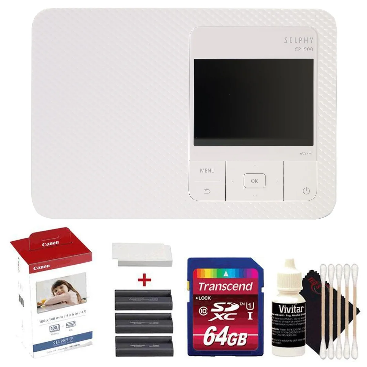 Canon Canon SELPHY CP1500 White Printer Bundle with KP-108IN Ink Kit, 64GB Card, Cleaning Kit — product photo