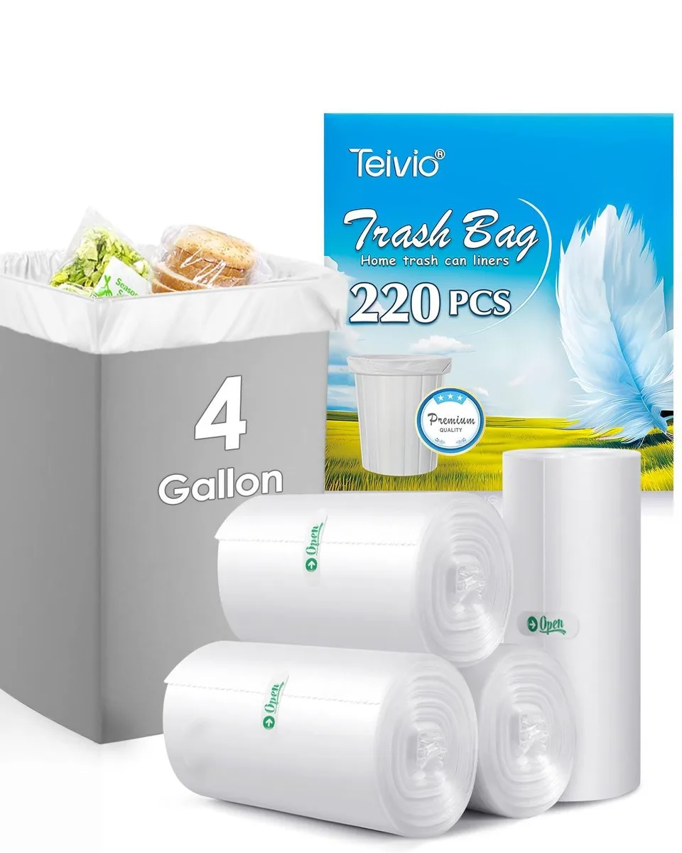 Three packs of clear 4-gallon trash bags, 220 count, roll design, star seal bottom