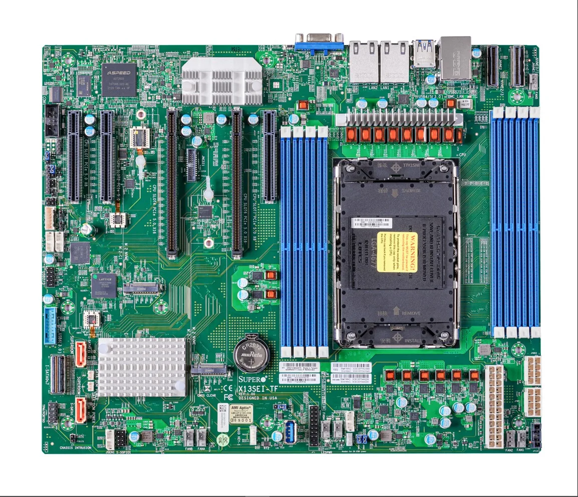 Green rectangular ATX server motherboard with silver CPU socket, eight black DIMM slots and multiple silver expansion slots