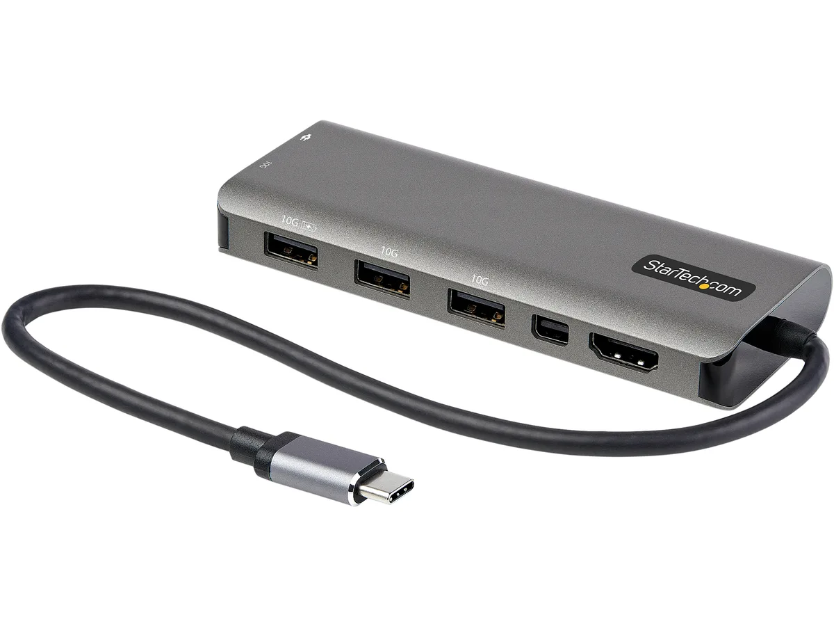 Compact rectangular USB-C dock with short attached cable, matte dark finish, multiple ports along sides