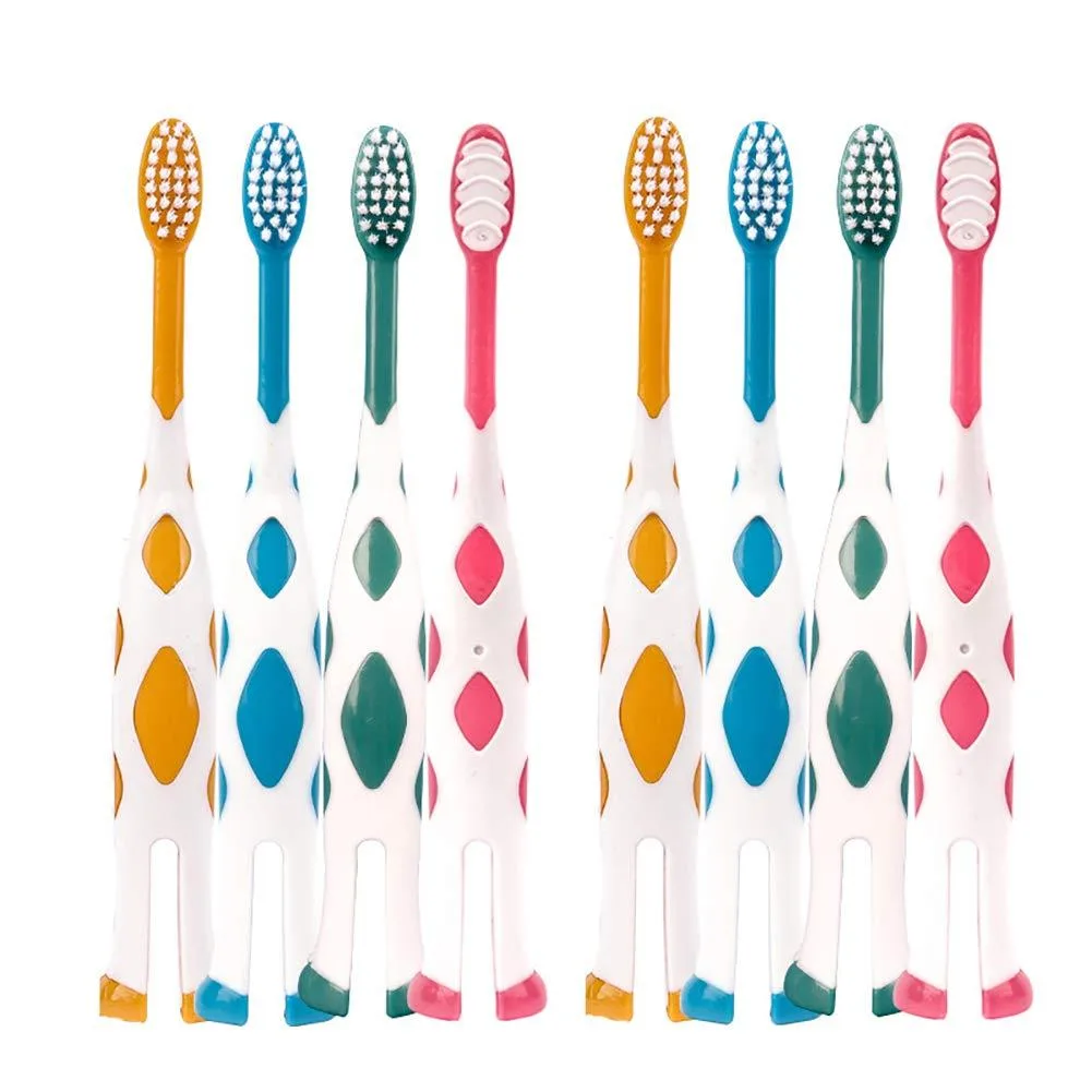 Eight white manual kids toothbrushes with deer design and tongue scraper