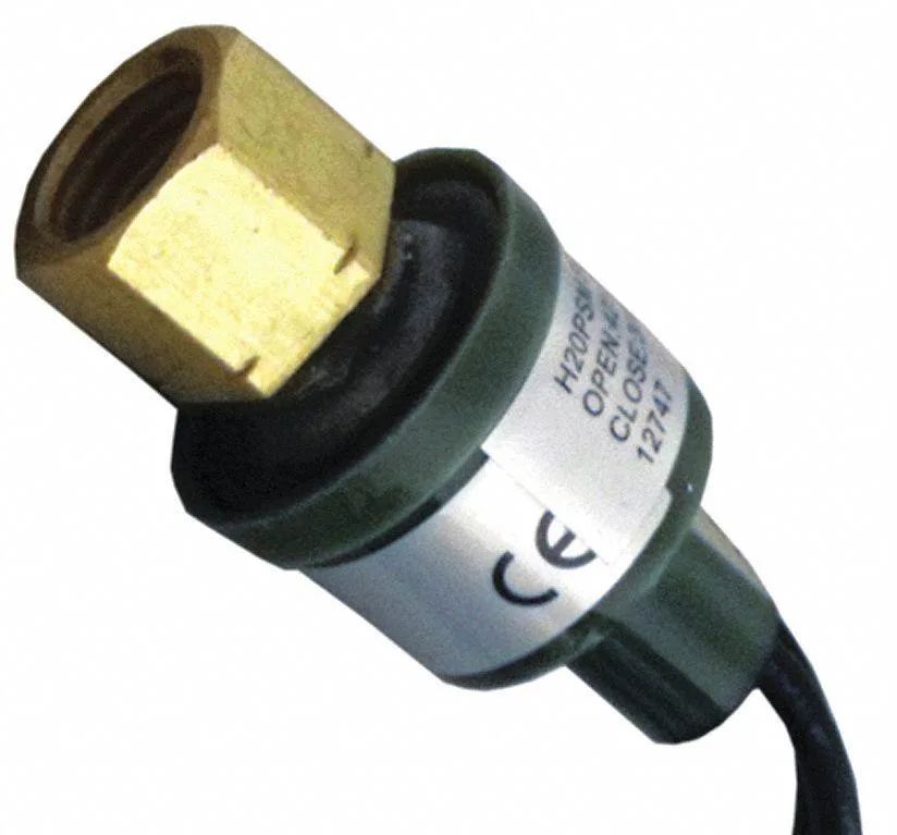 Small brass high-pressure switch with flare fitting and electrical terminals