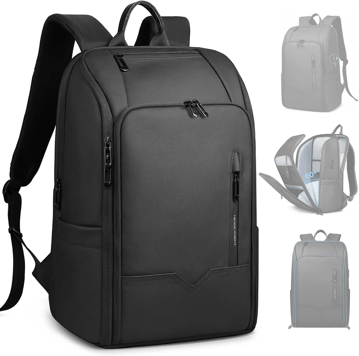 Black laptop backpack with wide front opening and dual USB ports