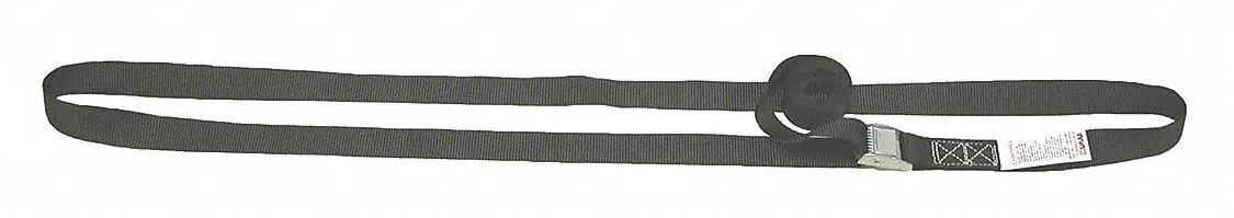 Black polyester tie-down strap with cam buckle, 12 ft long
