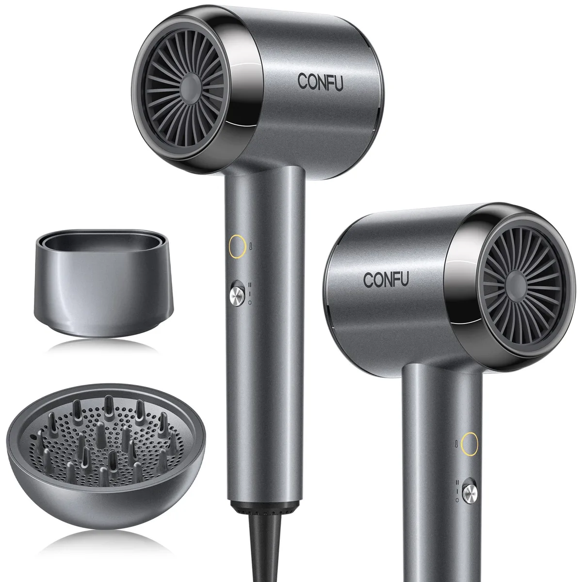 Grey handheld hair dryer with diffuser attachment, matte finish