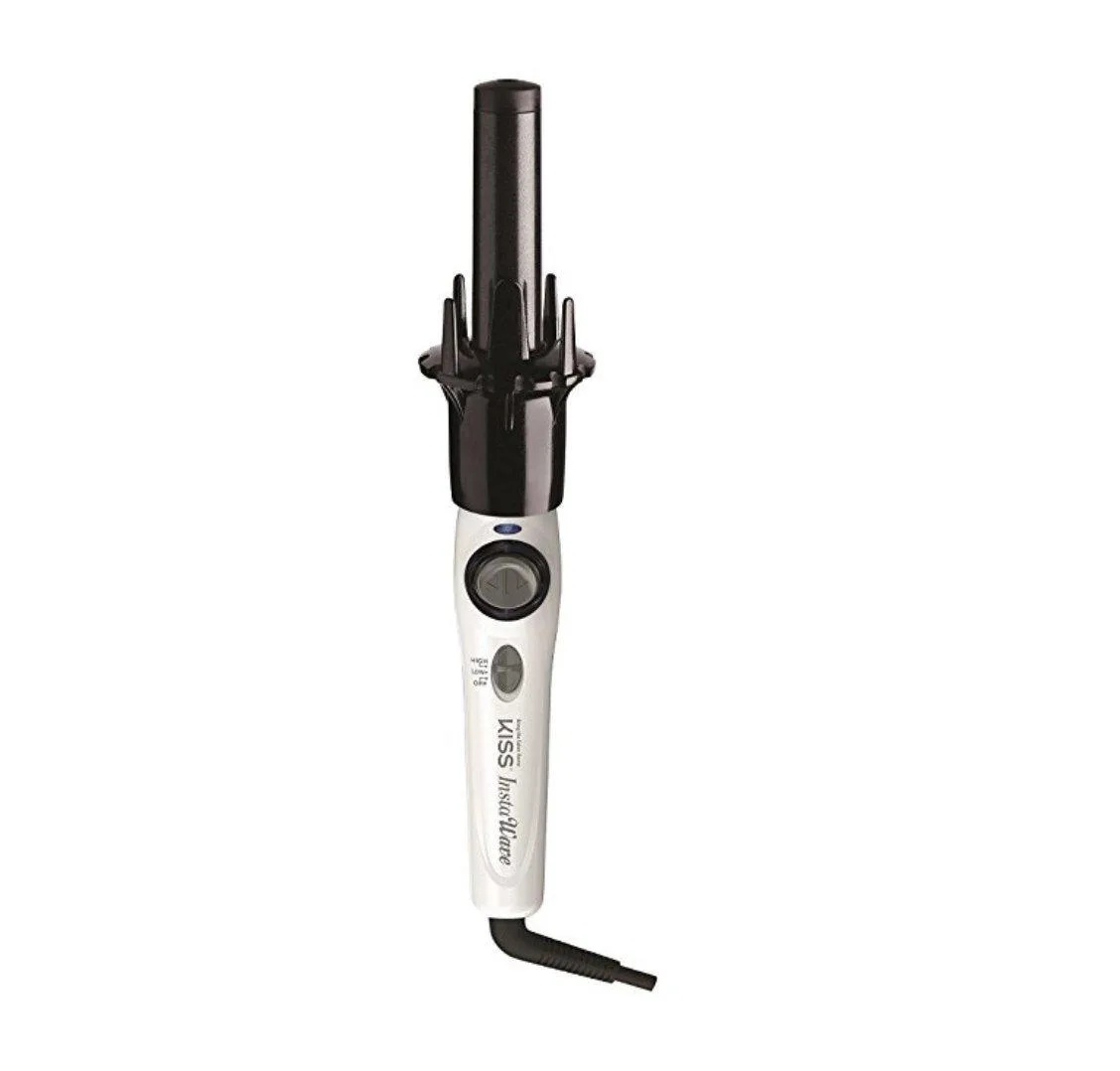 White automatic curling iron with 1 inch ceramic barrel and rotating dial
