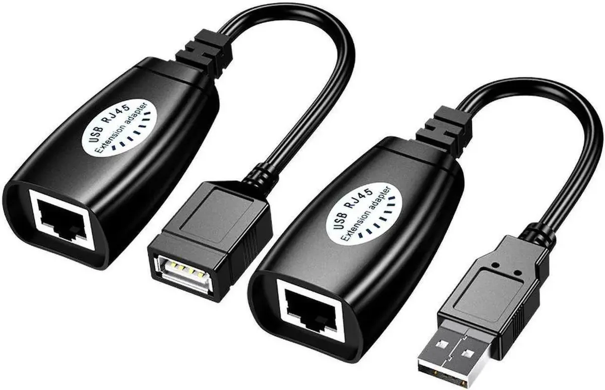 Black USB 2.0 male to RJ45 adapter with matching female adapter, plastic housing