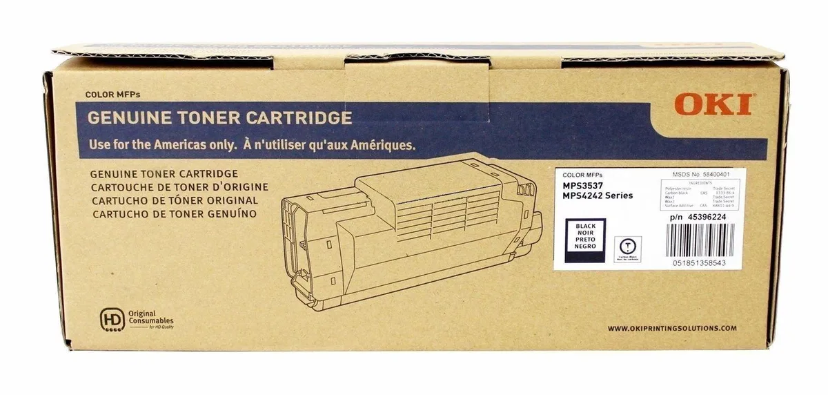 Black toner cartridge in a rectangular box with Oki branding