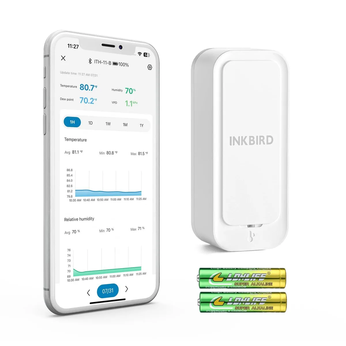Small white rectangular thermometer hygrometer with IP65 rating