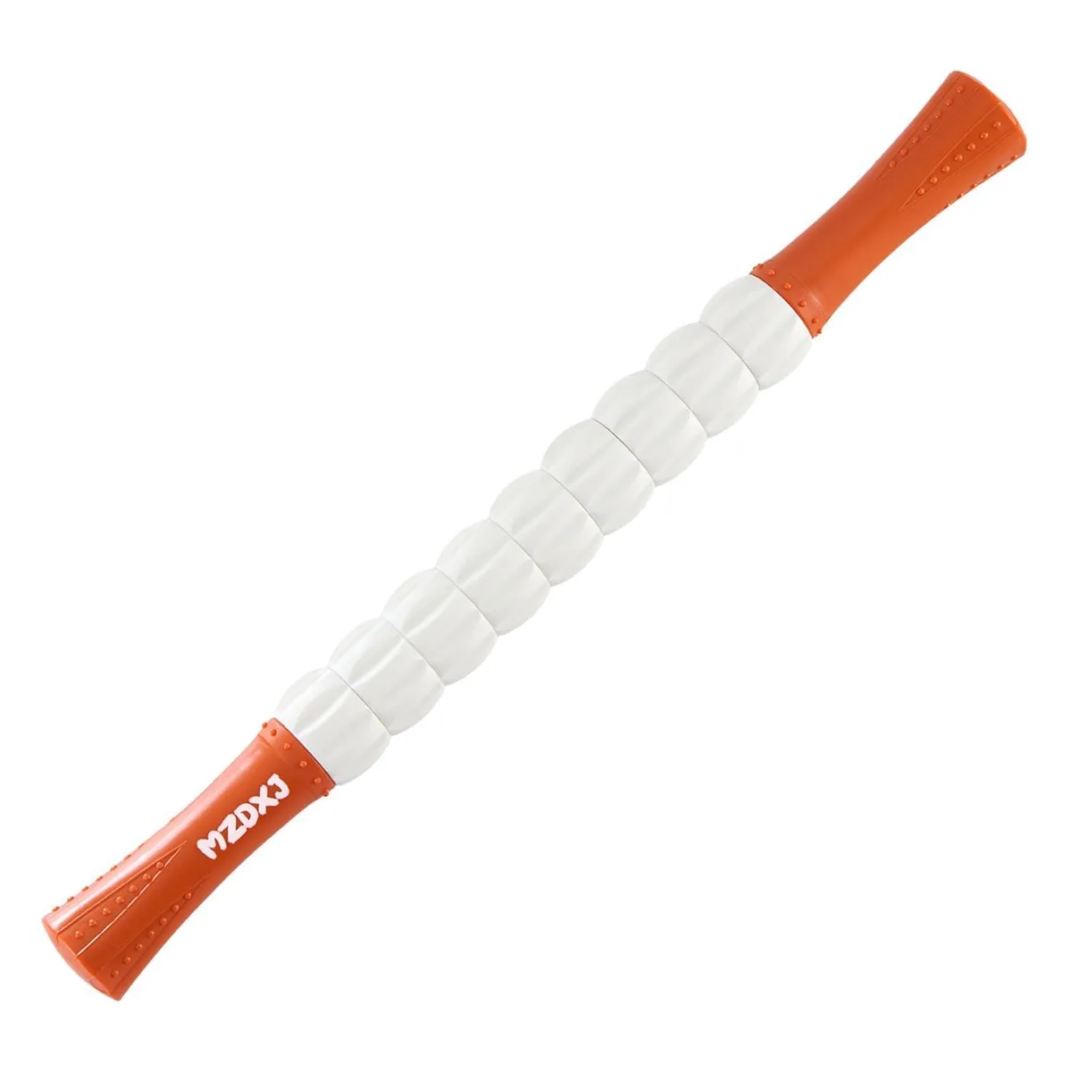 Orange and white plastic massage roller stick about 18 inches long with multiple wheels