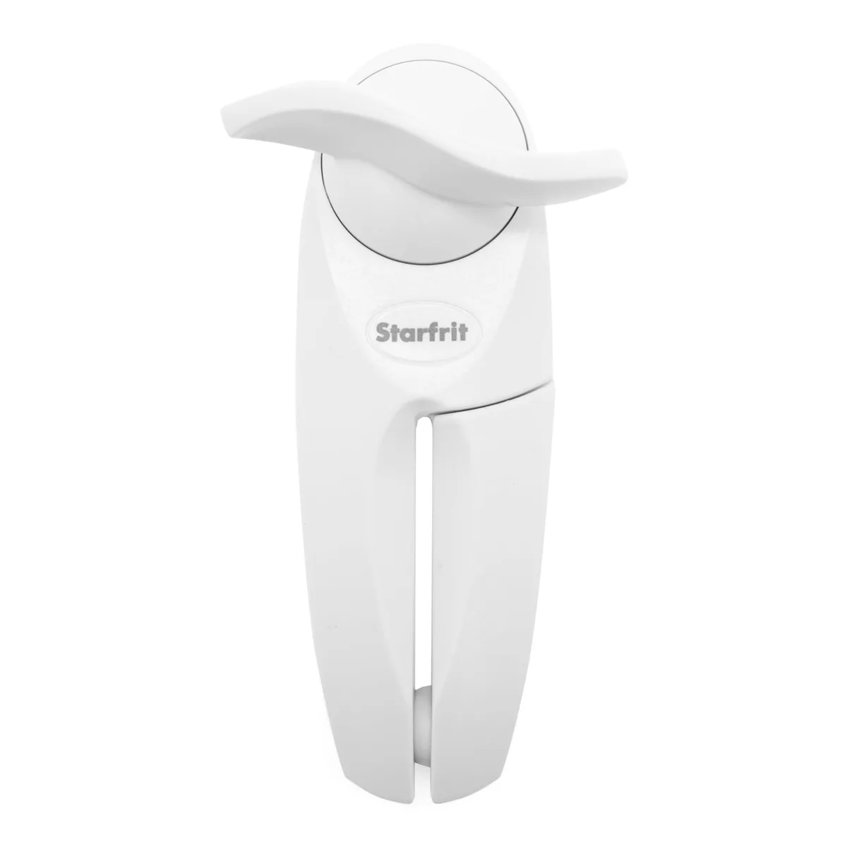 White manual can opener with ergonomic grip and stainless steel cutting wheel