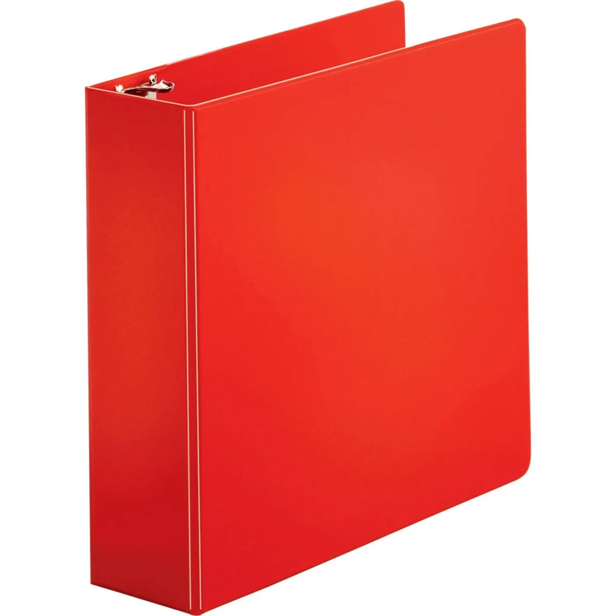 Red vinyl three-ring binder with two inside pockets and exposed rivets