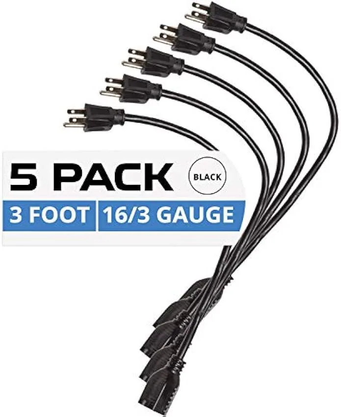 Five black 3ft vinyl cords with three-prong plugs
