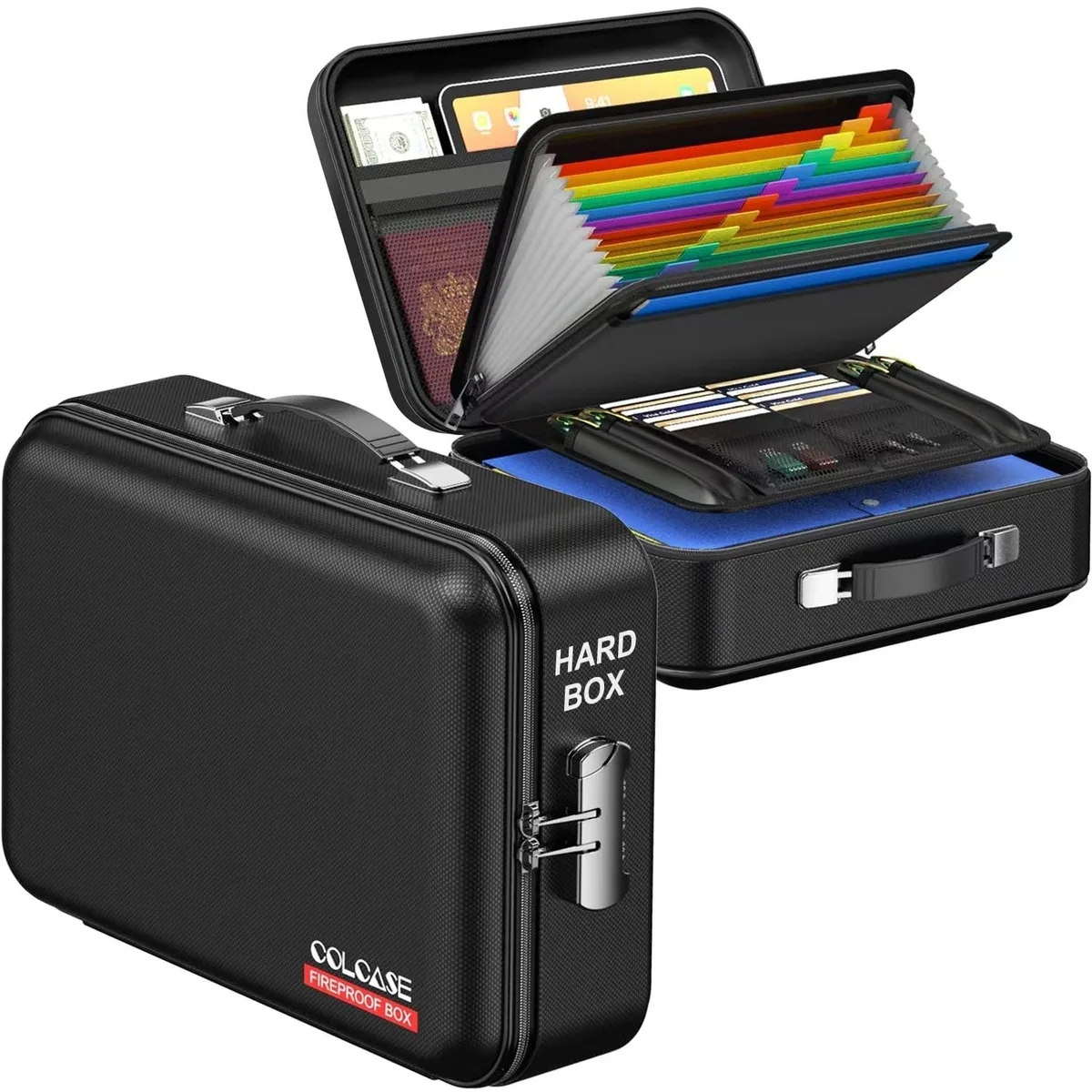Black rectangular fireproof document box with combination lock and metal handle