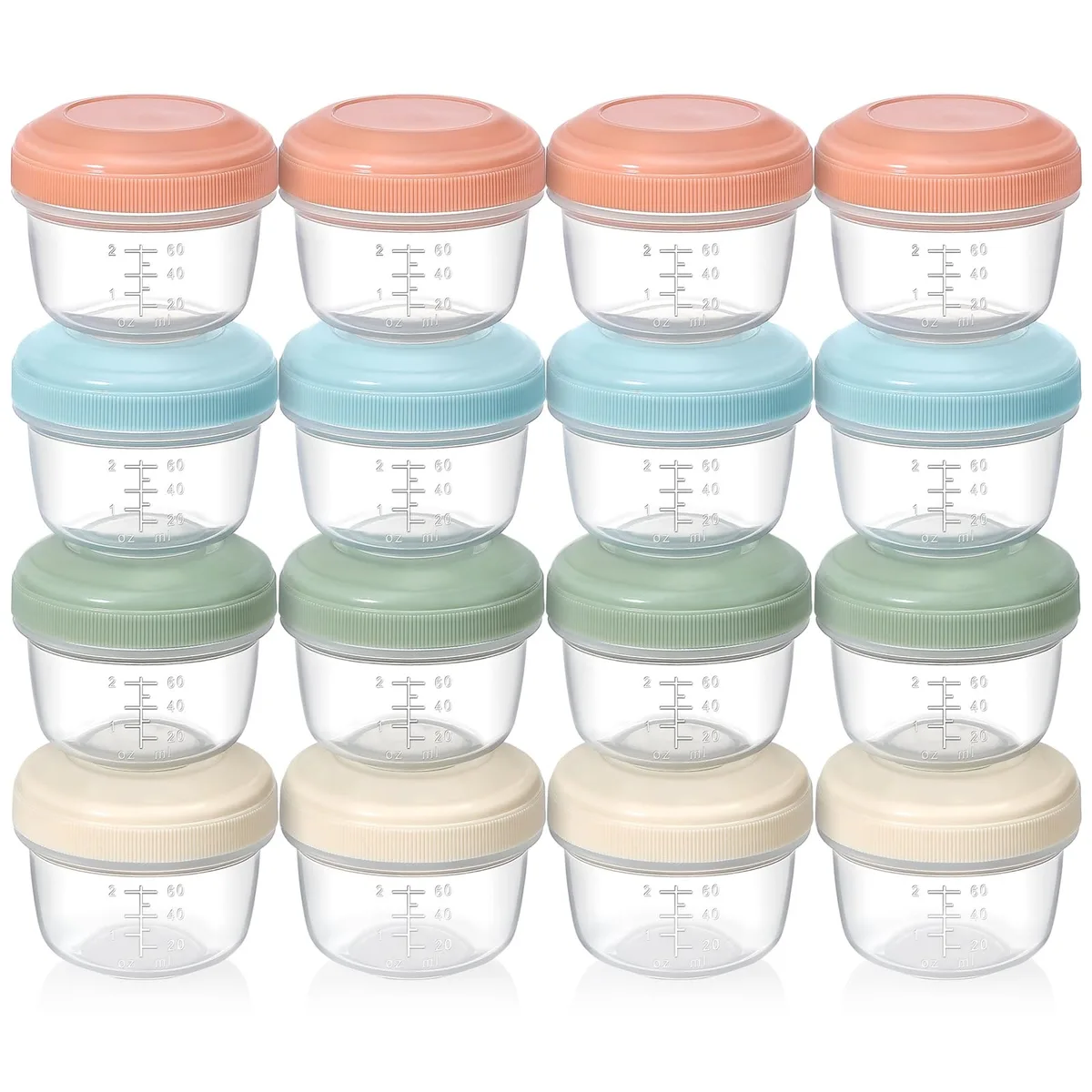Sixteen beige 4 oz plastic jars with lids