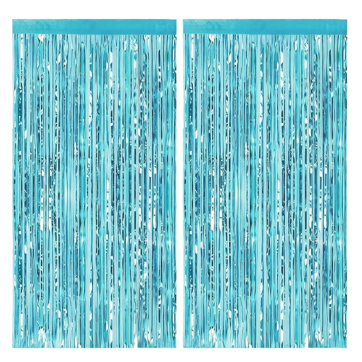Two light blue tinsel fringe curtains, each 3.28 ft wide by 6.56 ft long