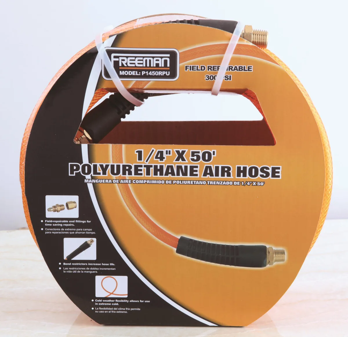 Yellow braided polyurethane air hose, 50 ft coil with 1/4 in fittings