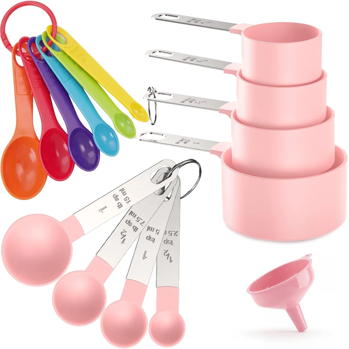 Pink 15-piece measuring cup and spoon set with stainless handles and colourful plastic pieces
